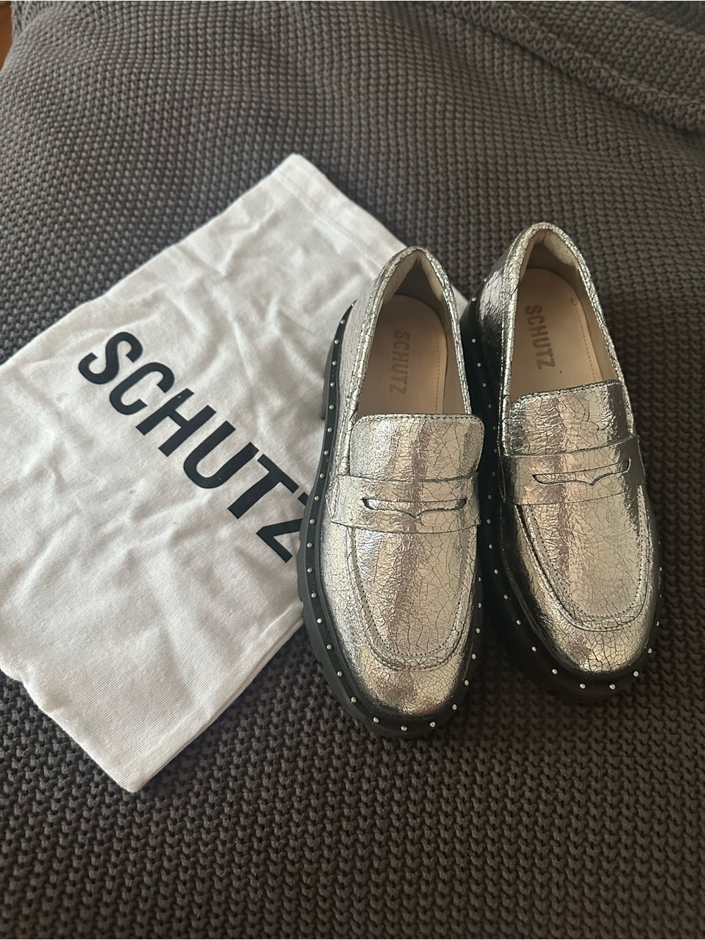 SCHUTZ Metallic Silver Crackle Penny Loafers